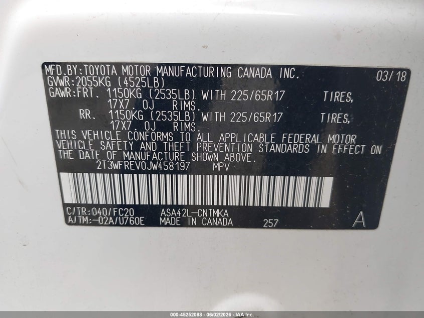 2018 Toyota Rav 4 VIN 2T3WFREV0JW458197 IAAI salvage auction — HAIL, Salvage Title, sold $5,700 on 2026-07-29 (photo 9)