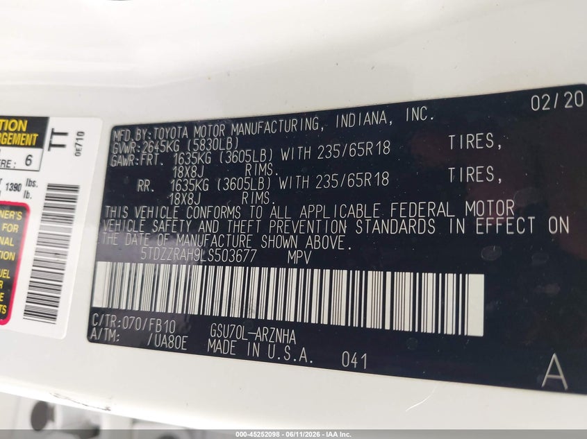 2020 Toyota Highlander VIN 5TDZZRAH9LS503677 IAAI salvage auction — FRONT END, Salvage (California), sold $9,800 on 2026-07-09 (photo 9)