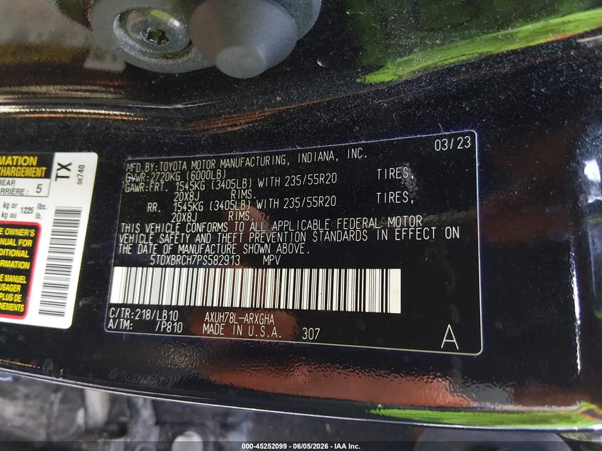2023 Toyota Highlander VIN 5TDXBRCH7PS582913 IAAI salvage auction — FRONT END, Salvage Title, sold $13,200 on 2026-07-22 (photo 9)