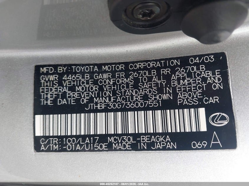 2003 Lexus Es 300 VIN JTHBF30G736007551 IAAI salvage auction — NORMAL WEAR, Clear (Texas), sold $700 on 2026-07-17 (photo 9)