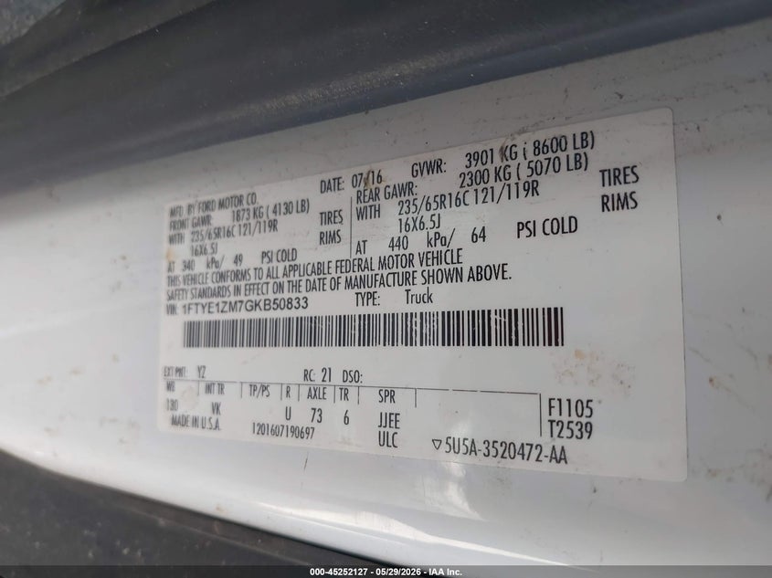 2016 Ford Transit-150 VIN 1FTYE1ZM7GKB50833 IAAI salvage auction — Rear End, Mv-907A (New York), sold $1,600 on 2026-06-17 (photo 9)