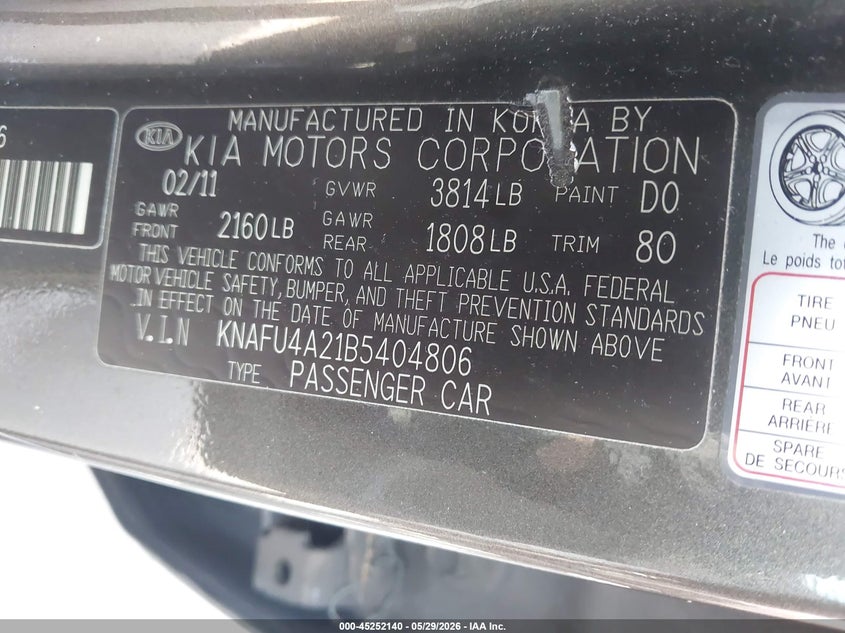 2011 Kia Forte VIN KNAFU4A21B5404806 IAAI salvage auction — NORMAL WEAR, Clear (Tennessee), sold $550 on 2026-07-13 (photo 9)
