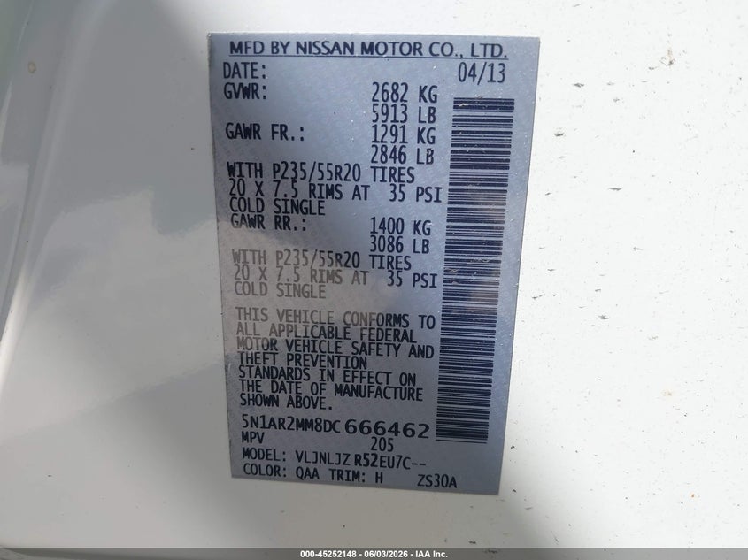 2013 Nissan Pathfinder VIN 5N1AR2MM8DC666462 IAAI salvage auction — FRONT END, Salvage Title, sold $450 on 2026-07-09 (photo 9)