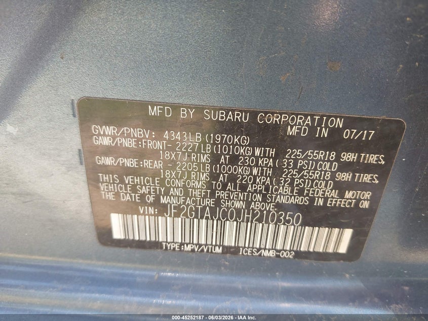2018 Subaru Xv VIN JF2GTAJC0JH210350 IAAI salvage auction — ROLLOVER, Salvage Title, sold $450 on 2026-07-30 (photo 9)