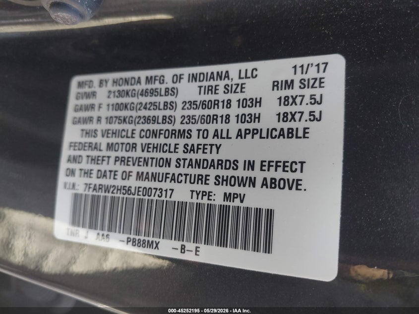 2018 Honda Cr-v VIN 7FARW2H56JE007317 IAAI salvage auction — ROOF, Salvage Title, sold $6,900 on 2026-07-21 (photo 9)