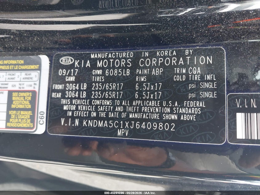 2018 Kia SEDONA VIN KNDMA5C1XJ6409802 IAAI salvage auction — NORMAL WEAR, Sf97 (Maryland), sold $25 on 2026-07-21 (photo 9)