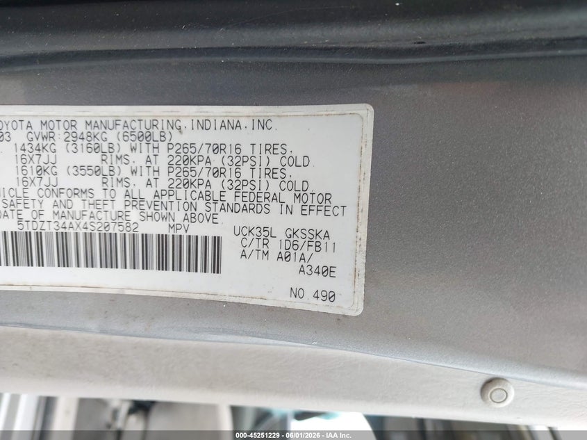 2004 Toyota Sequoia VIN 5TDZT34AX4S207582 IAAI salvage auction — FRONT END, Salvage (Georgia), sold $500 on 2026-07-20 (photo 9)