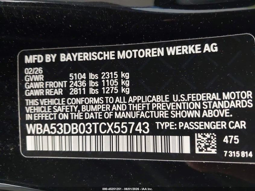 2026 BMW 4er VIN WBA53DB03TCX55743 IAAI salvage auction — FRONT END, Salvage Title, sold $9,900 on 2026-07-31 (photo 9)