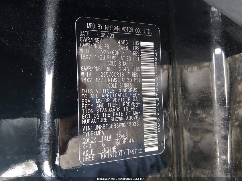 2023 Nissan Rogue VIN JN8BT3BB3PW213035 IAAI salvage auction — FRONT END, Salvage Title, sold $6,600 on 2026-07-16 (photo 9)