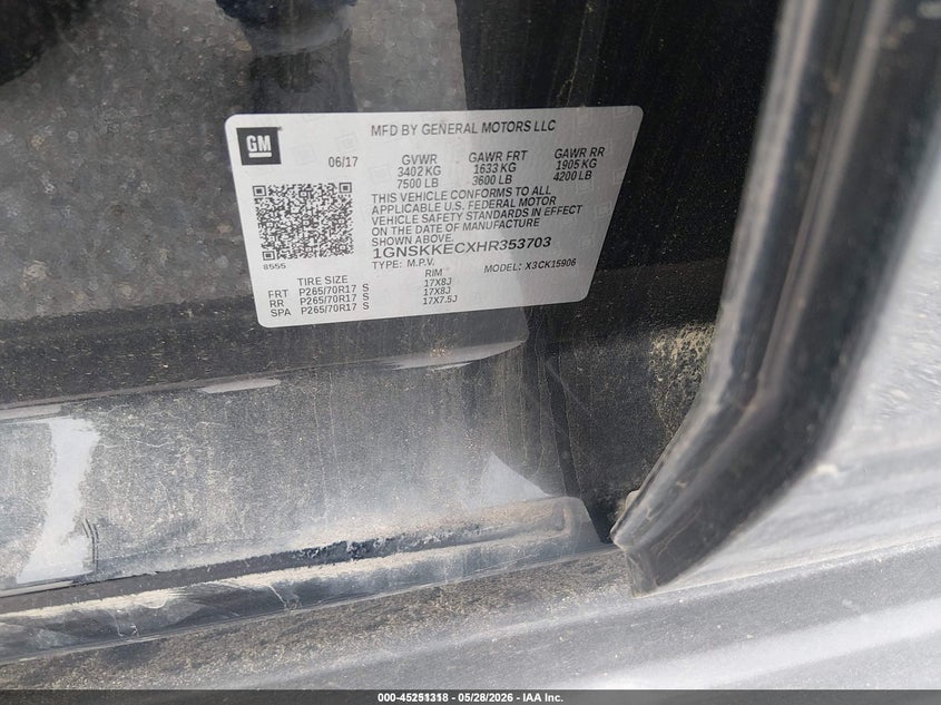 2017 Chevrolet Suburban VIN 1GNSKKECXHR353703 IAAI salvage auction — NORMAL WEAR, Sf97 (Maryland), sold $12,100 on 2026-07-21 (photo 9)