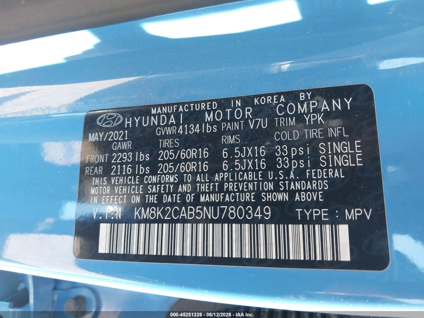 2022 Hyundai Kona VIN KM8K2CAB5NU780349 IAAI salvage auction — LEFT FRONT, Salvage Title, sold $525 on 2026-07-23 (photo 9)
