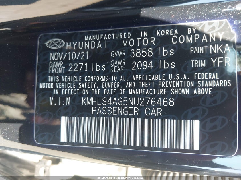 2022 Hyundai Elantra VIN KMHLS4AG5NU276468 IAAI salvage auction — FRONT END, Salvage (North Carolina), sold $5,500 on 2026-07-24 (photo 9)
