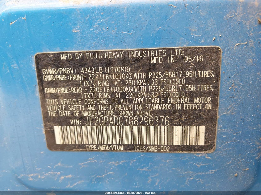 2016 Subaru Xv VIN JF2GPADC7G8296376 IAAI salvage auction — RIGHT FRONT, Original (Texas), sold $475 on 2026-07-30 (photo 9)