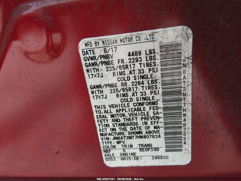 2017 Nissan Rogue VIN JN8AT2MT7HW407824 IAAI salvage auction — REAR END, Salvage Title, sold $1,900 on 2026-07-24 (photo 9)