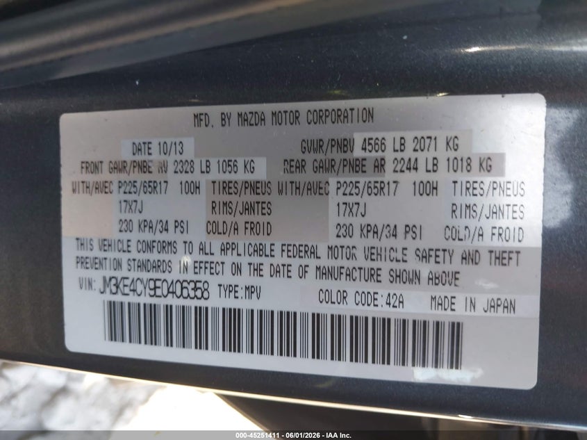 2014 Mazda Cx-5 VIN JM3KE4CY9E0406358 IAAI salvage auction — FRONT END, Salvage Title, sold $2,325 on 2026-07-20 (photo 9)