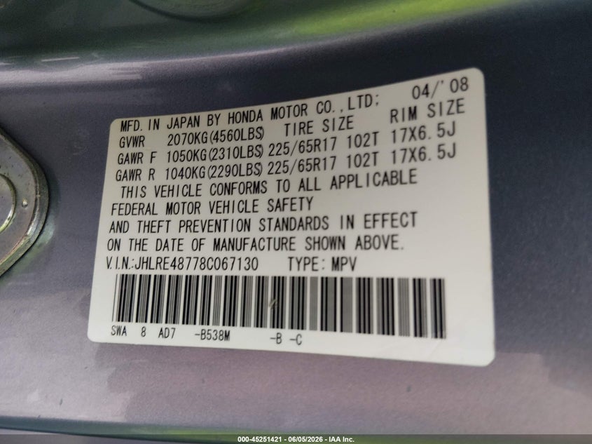 2008 Honda Cr-v VIN JHLRE48778C067130 IAAI salvage auction — FRONT END, Clear (Arkansas), sold $1,050 on 2026-07-09 (photo 9)