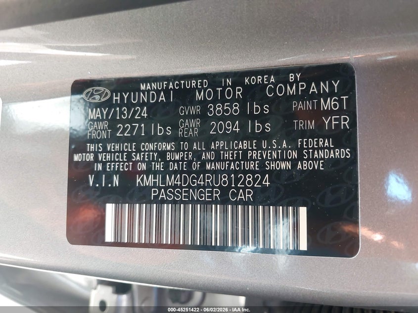 2024 Hyundai Elantra VIN KMHLM4DG4RU812824 IAAI salvage auction — FRONT END, Salvage Title, sold $5,800 on 2026-07-14 (photo 9)