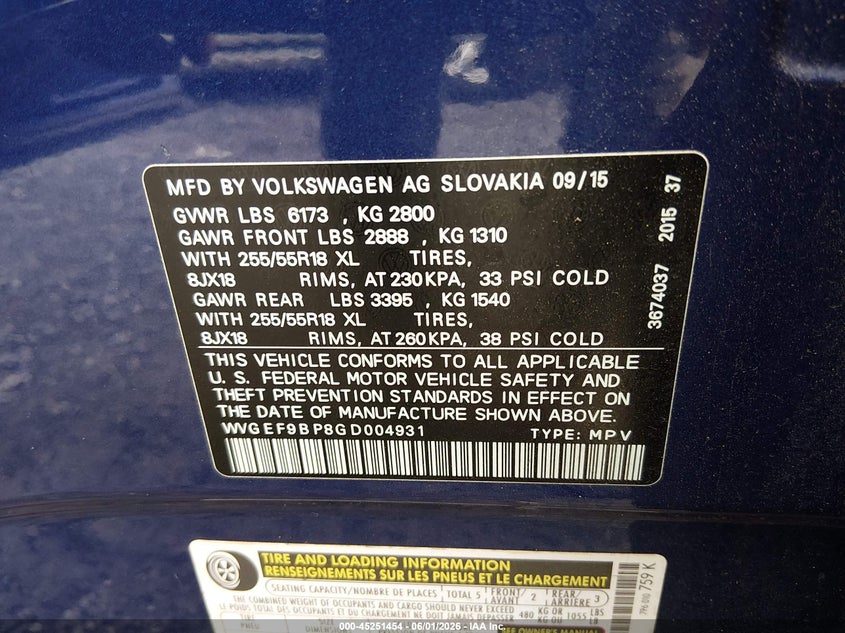 2016 Volkswagen Touareg VIN WVGEF9BP8GD004931 IAAI salvage auction — FRONT END, Salvage (South Carolina), sold $1,550 on 2026-08-04 (photo 9)