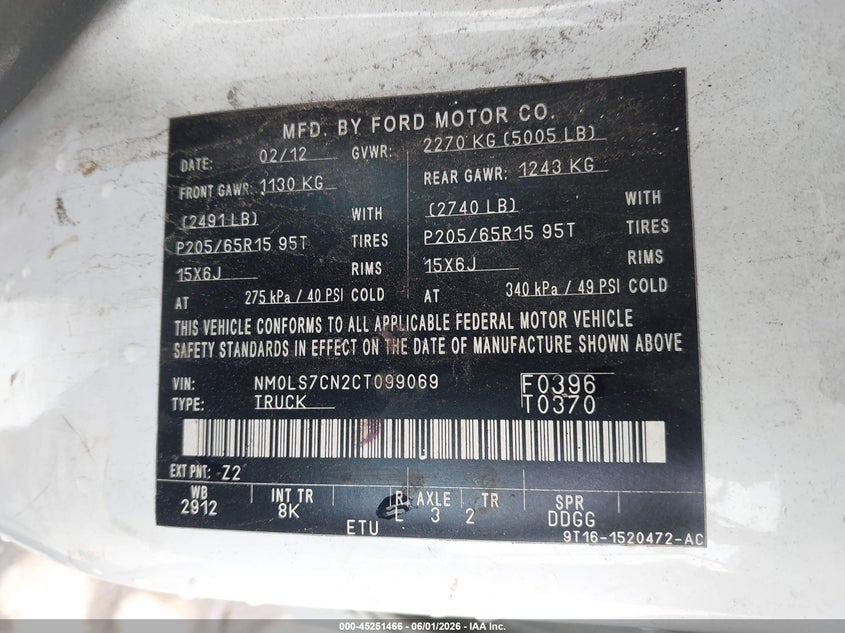 2012 Ford Transit VIN NM0LS7CN2CT099069 IAAI salvage auction — FRONT & REAR, Salvage Title, sold $300 on 2026-07-15 (photo 9)