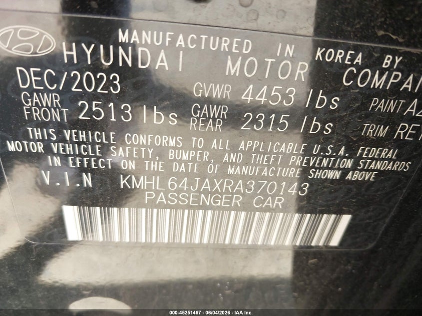 2024 Hyundai Sonata VIN KMHL64JAXRA370143 IAAI salvage auction — REAR END, Salvage Title, sold $2,150 on 2026-07-20 (photo 9)