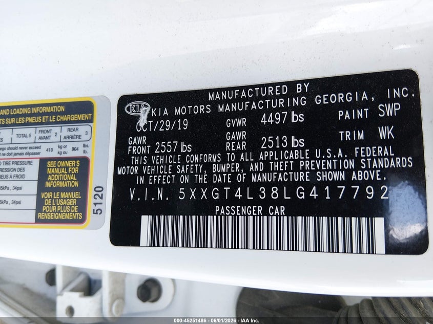 2020 Kia Optima VIN 5XXGT4L38LG417792 IAAI salvage auction — REAR END, Salvage Title, sold $1,850 on 2026-07-22 (photo 9)