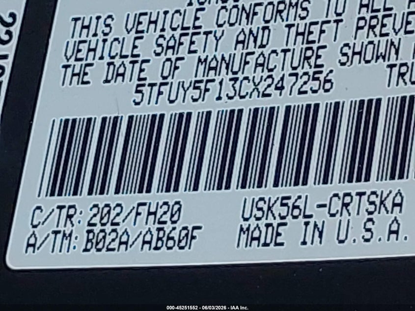 2012 Toyota Tundra VIN 5TFUY5F13CX247256 IAAI salvage auction — FRONT & REAR, Salvage (Pennsylvania), sold $4,550 on 2026-07-28 (photo 9)