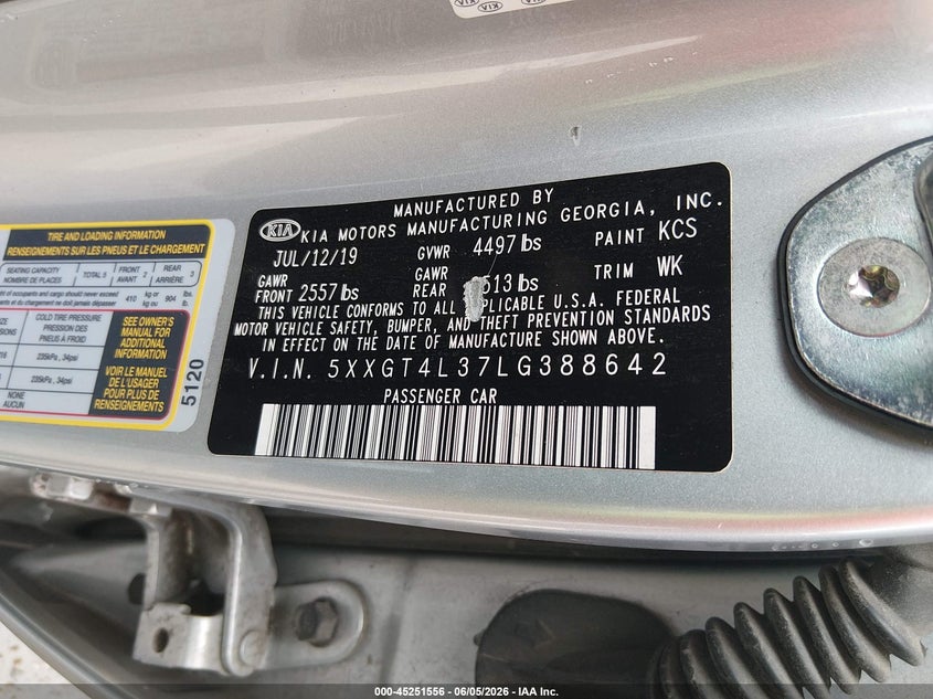 2020 Kia Optima VIN 5XXGT4L37LG388642 IAAI salvage auction — FRONT END, Salvage (Texas), sold $25 on 2026-07-29 (photo 9)
