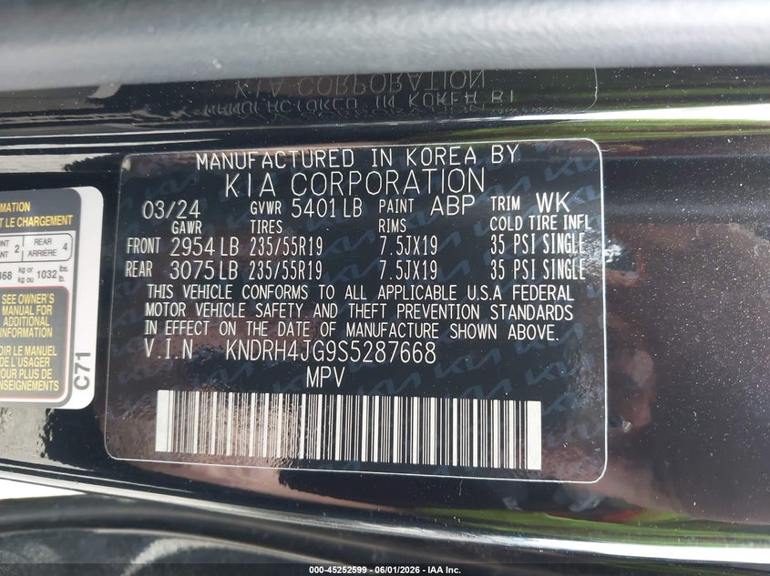 2025 Kia VIN KNDRH4JG9S5287668 IAAI salvage auction — RIGHT FRONT, Salvage (Virginia), sold $10,200 on 2026-07-29 (photo 9)