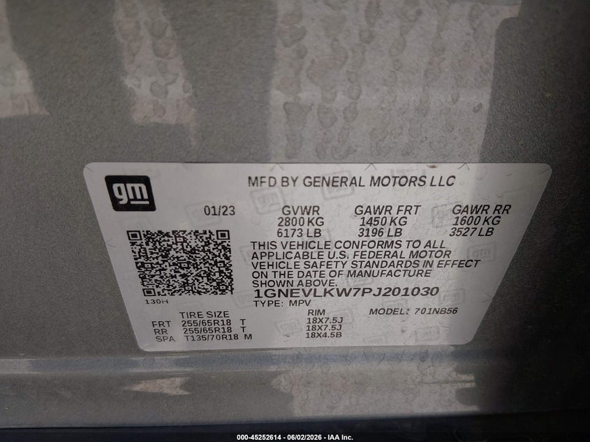 2023 Chevrolet Traverse VIN 1GNEVLKW7PJ201030 IAAI salvage auction — RIGHT FRONT, Salvage Title, sold $7,400 on 2026-07-22 (photo 9)