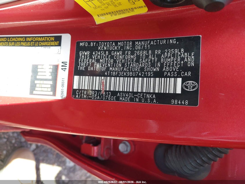 2011 Toyota Camry VIN 4T1BF3EK9BU742195 IAAI salvage auction — LEFT FRONT, Salvage (Rhode Island), sold $950 on 2026-07-19 (photo 9)