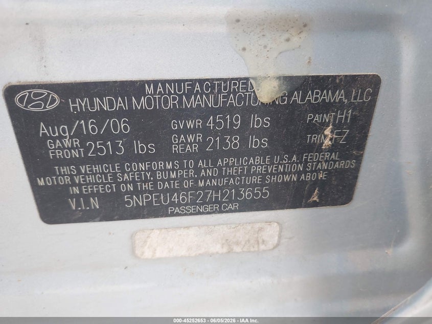 2007 Hyundai Sonata VIN 5NPEU46F27H213655 IAAI salvage auction — SIDE, Salvage (Texas), sold $250 on 2026-07-11 (photo 9)