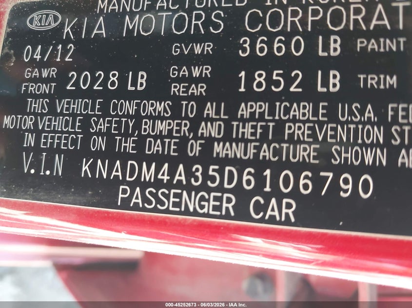 2013 Kia Rio VIN KNADM4A35D6106790 IAAI salvage auction — LEFT SIDE, Salvage Title, sold $325 on 2026-07-06 (photo 9)
