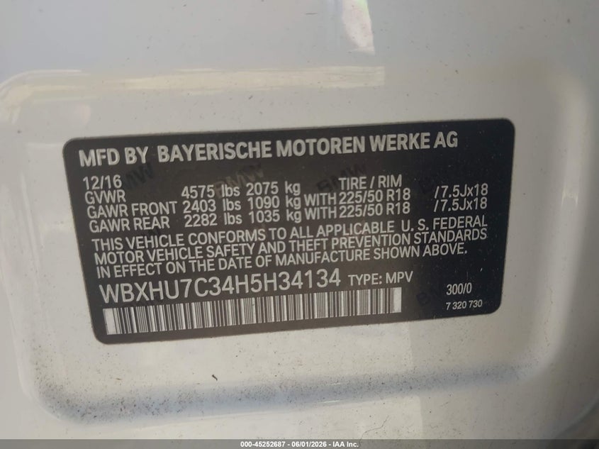 2017 BMW X1 VIN WBXHU7C34H5H34134 IAAI salvage auction — FRONT END, Salvage Title, sold $900 on 2026-07-29 (photo 9)