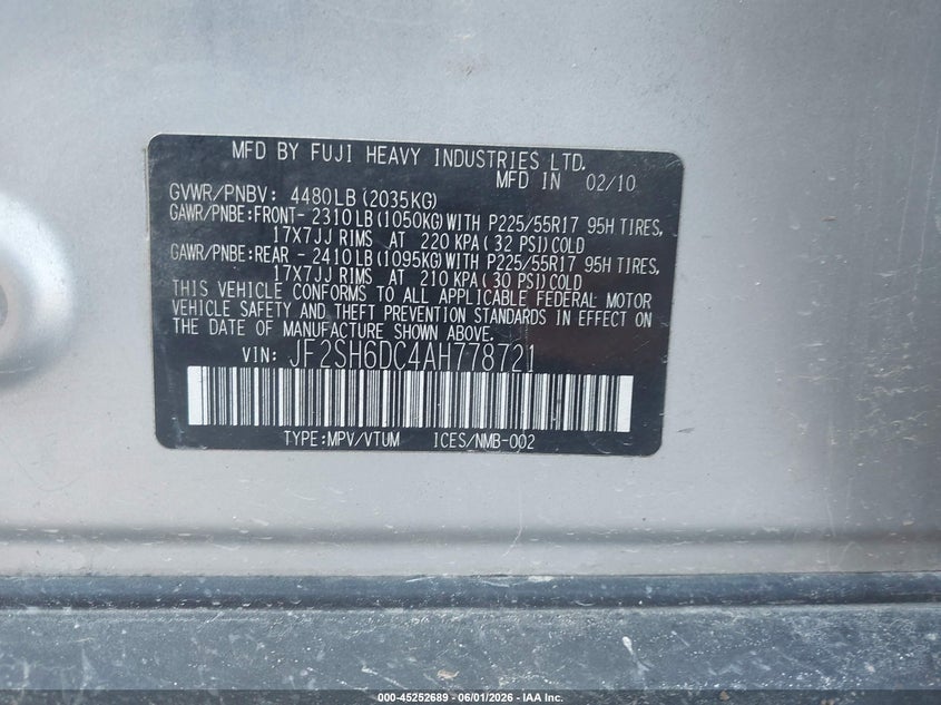 2010 Subaru Forester VIN JF2SH6DC4AH778721 IAAI salvage auction — HAIL, Clear (Missouri), sold $225 on 2026-07-13 (photo 9)