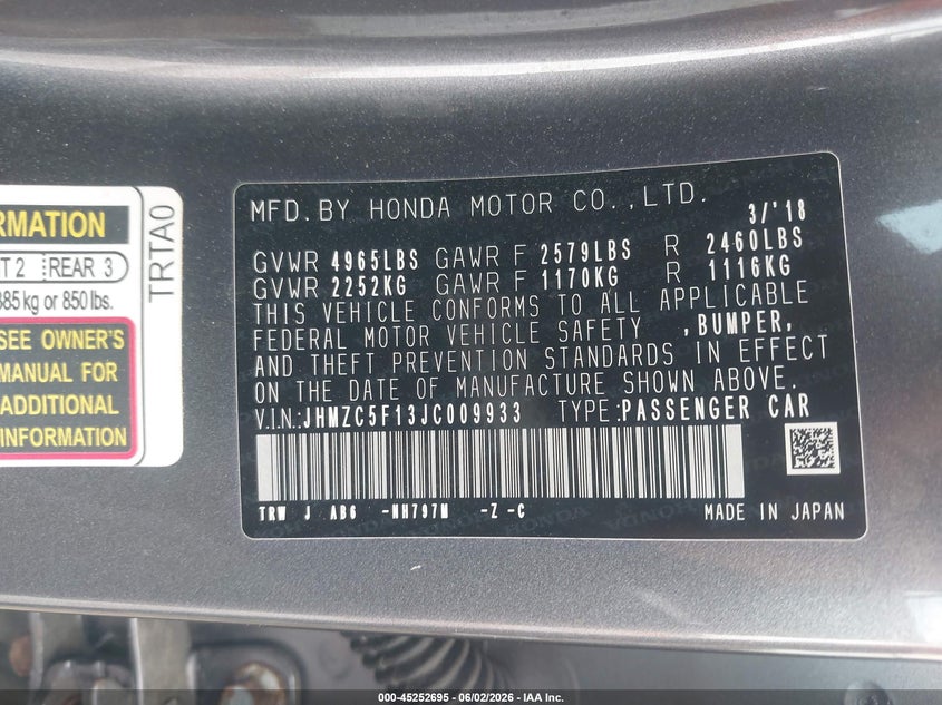 2018 Honda Clarity VIN JHMZC5F13JC009933 IAAI salvage auction — RIGHT FRONT, Original (Texas), sold $5,000 on 2026-07-24 (photo 9)