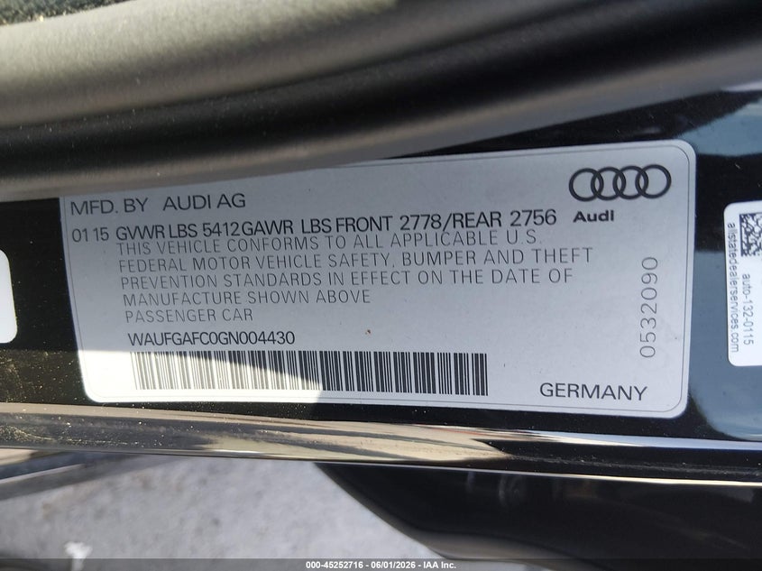 2016 Audi A6 VIN WAUFGAFC0GN004430 IAAI salvage auction — FRONT END, Salvage Title, sold $1,700 on 2026-07-13 (photo 9)