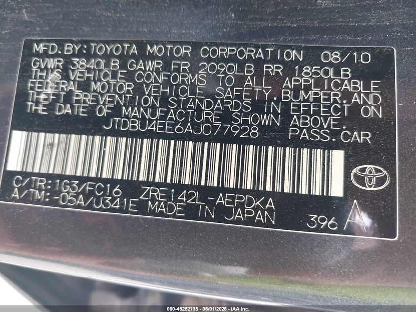 2010 Toyota Corolla VIN JTDBU4EE6AJ077928 IAAI salvage auction — FRONT END, Original (Texas), sold $1,050 on 2026-07-07 (photo 9)