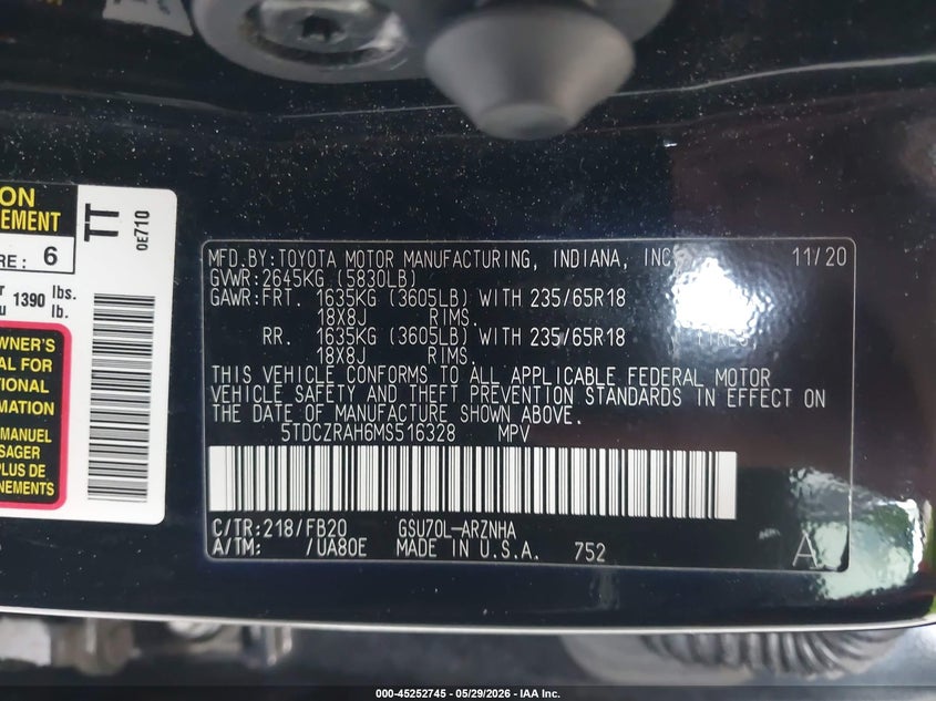 2021 Toyota Highlander VIN 5TDCZRAH6MS516328 IAAI salvage auction — REAR END, Salvage Title, sold $9,400 on 2026-07-22 (photo 9)