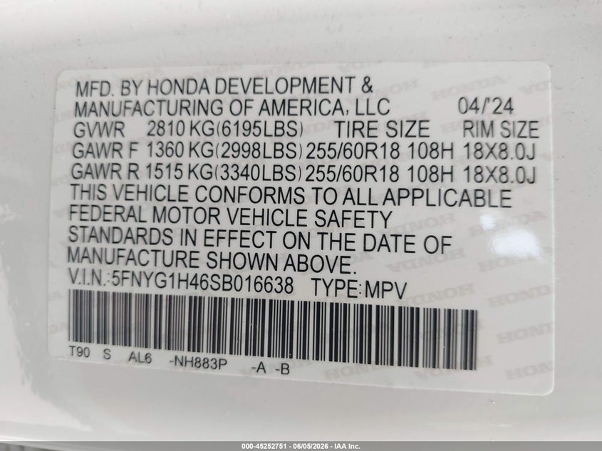 2025 Honda Pilot VIN 5FNYG1H46SB016638 IAAI salvage auction — REAR END, Salvage Title, sold $17,700 on 2026-07-28 (photo 9)