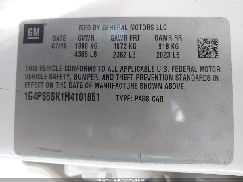 2017 Buick Verano VIN 1G4PS5SK1H4101861 IAAI salvage auction — REAR END, Salvage Title, sold $2,450 on 2026-07-22 (photo 9)