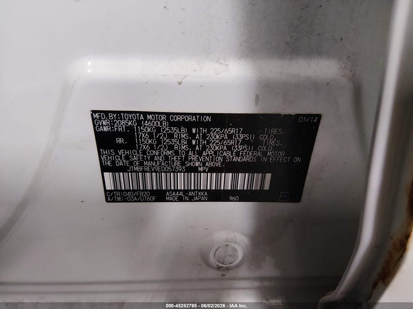 2014 Toyota Rav 4 VIN JTMBFREV9ED057393 IAAI salvage auction — FRONT END, Salvage Title, sold $3,125 on 2026-07-14 (photo 9)