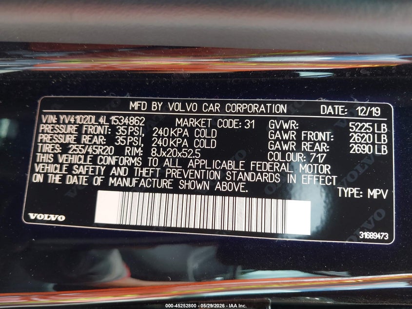2020 Volvo Xc60 VIN YV4102DL4L1534862 IAAI salvage auction — FRONT END, Salvage Title, sold $10,500 on 2026-07-20 (photo 9)