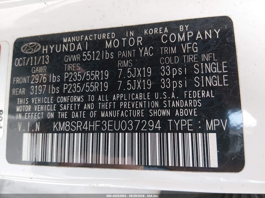 2014 Hyundai Santa fe VIN KM8SR4HF3EU037294 IAAI salvage auction — FRONT END, Original (Texas), sold $1,300 on 2026-07-21 (photo 9)