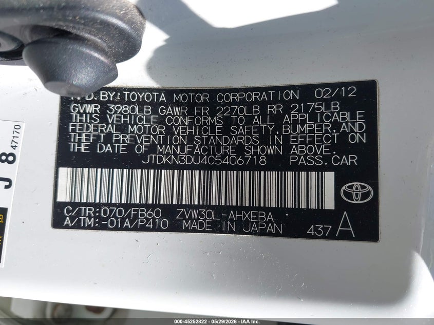 2012 Toyota Prius VIN JTDKN3DU4C5406718 IAAI salvage auction — REAR END, Salvage Title, sold $1,350 on 2026-07-25 (photo 9)