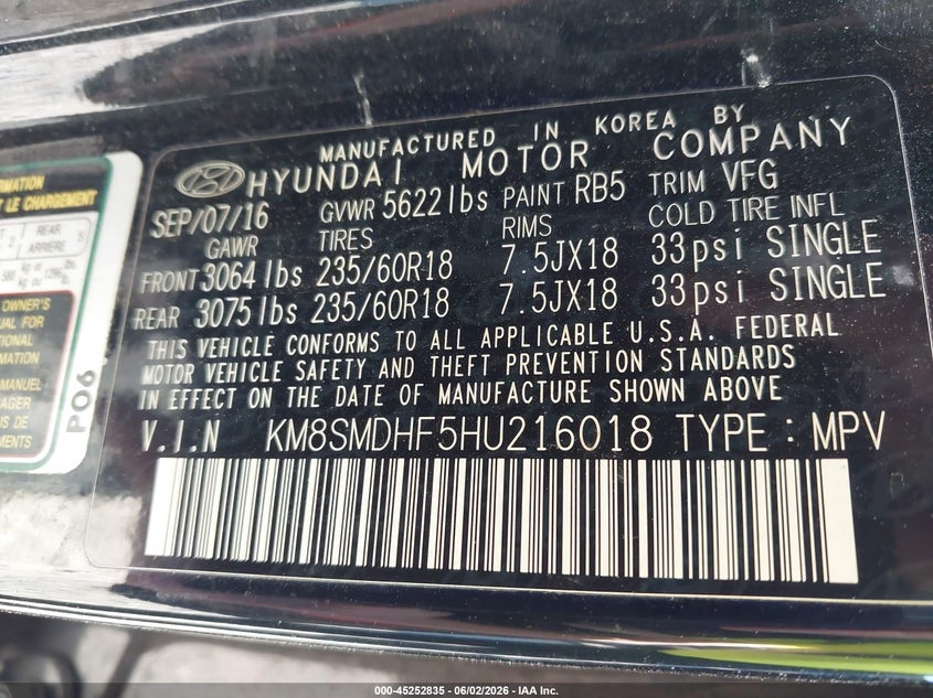 2017 Hyundai Santa fe VIN KM8SMDHF5HU216018 IAAI salvage auction — FRONT END, Salvage Title, sold $600 on 2026-07-23 (photo 9)