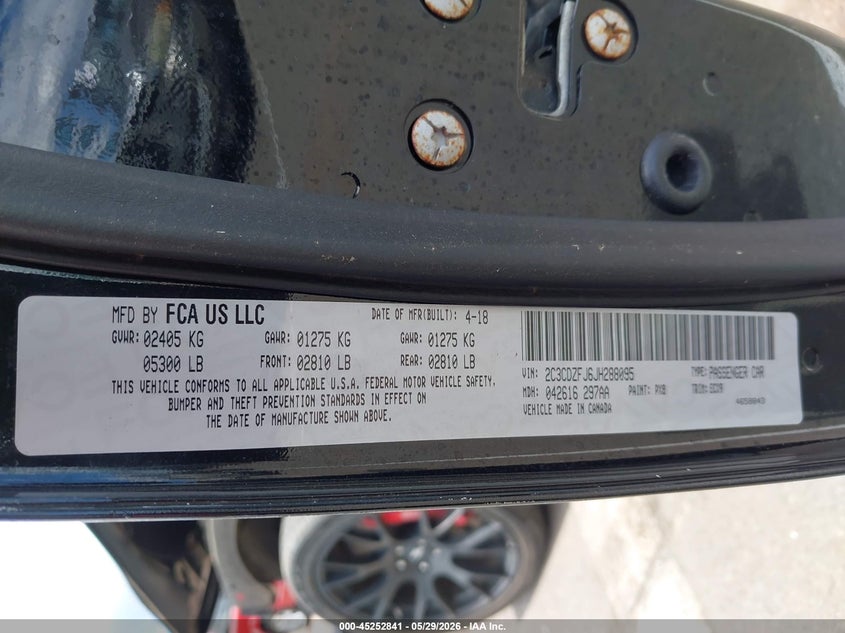 2018 Dodge Challenger VIN 2C3CDZFJ6JH288095 IAAI salvage auction — FRONT END, Salvage Title, sold $3,200 on 2026-08-14 (photo 9)