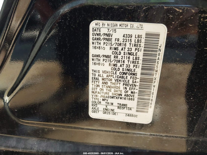 2015 Nissan Rogue VIN JN8AS5MTXFW161868 IAAI salvage auction — FRONT END, Salvage Title, sold $600 on 2026-07-27 (photo 9)