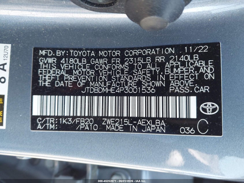 2023 Toyota Corolla VIN JTDBDMHE4P3001536 IAAI salvage auction — LEFT REAR, Salvage (New Jersey), sold $5,000 on 2026-07-31 (photo 9)