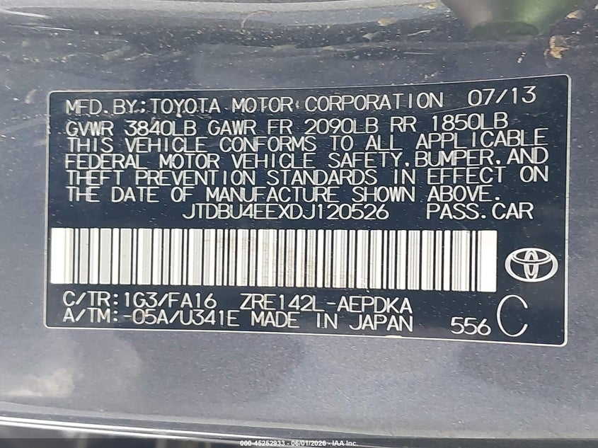 2013 Toyota Corolla VIN JTDBU4EEXDJ120526 IAAI salvage auction — ROLLOVER, Salvage Title, sold $575 on 2026-07-15 (photo 9)