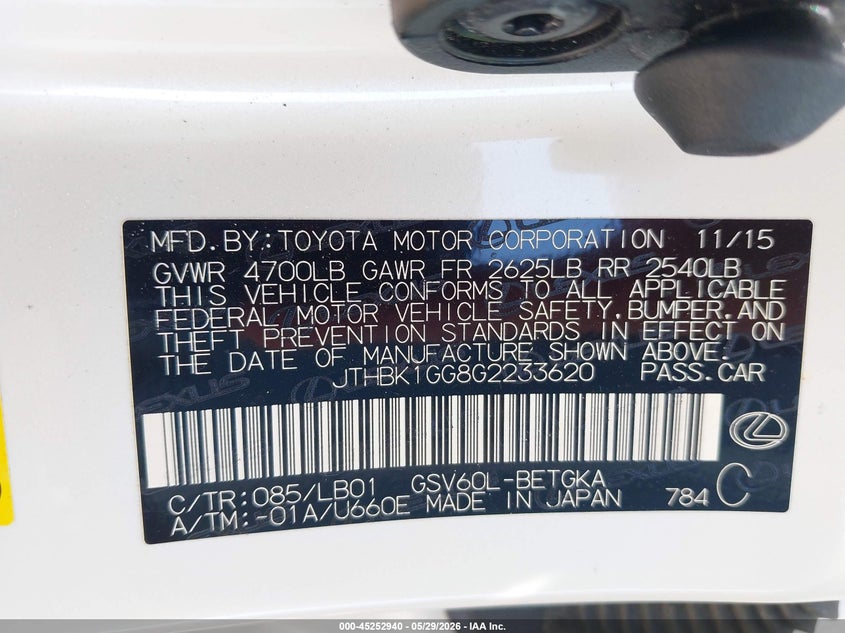 2016 Lexus ES VIN JTHBK1GG8G2233620 IAAI salvage auction — FRONT & REAR, Salvage Title, sold $1,150 on 2026-07-23 (photo 9)